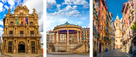 Izquierda: Vista del Ayuntamiento de Pamplona / Centro: Kiosco de la Plaza del Castillo de Pamplona / Derecha: Detalle de la Catedral de Santa María de la Asunción de Pamplona, Navarra