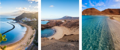 A sinistra: Spiaggia delle Teresitas a Tenerife, Isole Canarie / Centro: Spiaggia a Lanzarote, Isole Canarie / Destra: Spiaggia di Rodalquilar ad Almeria, Andalusia