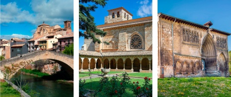 Izquierda: Puente de Estella-Lizarra / Centro: Claustro de la iglesia de San Pedro de la Rúa ©Francisco Javier Diaz / Derecha: iglesia del Santo Sepulcro de Estella-Lizarra, Navarra