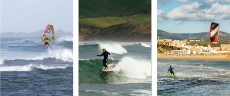 Links: Windsurfen in Corralejo, Fuerteventura, Kanarische Inseln © Miha Travnik / Mitte: Longboard-Surfen in San Vicente de la Barquera, Kantabrien © David Samperio / Rechts: Kitesurfer in Tarifa, Cádiz, Andalusien