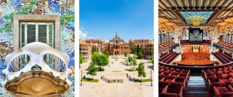 Sinistra: Particolare della Casa Batlló © Aliona Birukova / Centro: Complesso modernista di Sant Pau / Destra: Palazzo della Musica di Barcellona, Catalogna © Kritikos