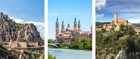 Links: Kloster Montserrat in Barcelona, Katalonien / Mitte: Basilika Nuestra Señora del Pilar in Zaragoza, Aragonien / Rechts: Heiligtum Torreciudad in Huesca, Aragonien