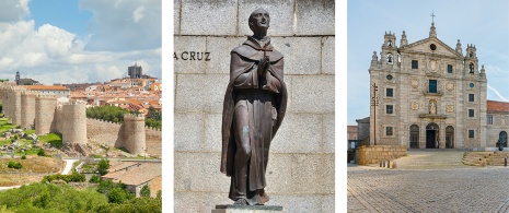 Esquerda: Vista das muralhas de Ávila, Castela e Leão/Centro: Escultura de São João da Cruz em Ávila, Castela e Leão/Direita: Convento de Santa Teresa de Ávila, Castela e Leão