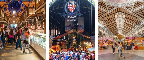 Izquierda: Detalle del Mercado de San Miguel de Madrid, Comunidad de Madrid / Centro: Entrada de la Boqueria de Barcelona, Cataluña / Derecha: Vista del Mercado Central de Valencia, Comunidad Valenciana