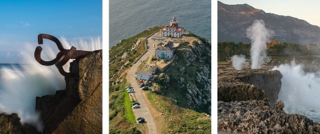 Izquierda: Detalle de El Peine del Viento de Donostia-San Sebastián en Guipúzcoa, País Vasco / Centro: Vista del faro de Finisterre en A Coruña, Galicia / Derecha: Bufones de Pría, Asturias