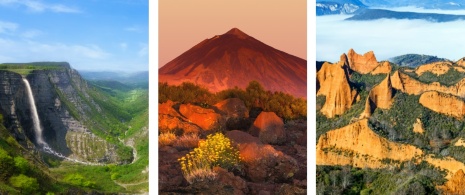 Esquerda: Vista do Salto del Nervión entre Burgos (Castilla y León) e Álava (País Basco) / Centro: Pico do Teide em Tenerife, Ilhas Canárias / Direita: Vista de Las Médulas em León, Castilla y León