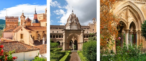 Links: Blick auf das Kloster / Mitte: Mudéjar-Kreuzgang in Guadalupe / Rechts: Detailansicht der Bögen des Klosters Nuestra Señora in Guadalupe, in Cáceres, Extremadura