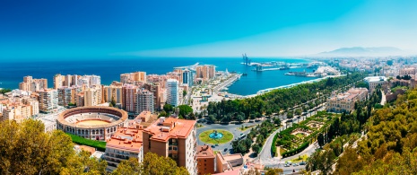 Aerial view of the Malagueta bullring and the port of Malaga, Andalusia