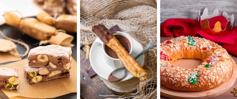 De gauche à droite : nougat, chocolat et churros, roscón de reyes