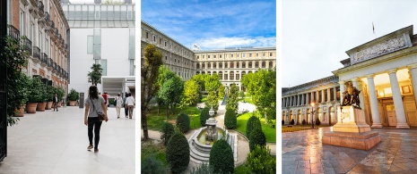 Left: Entrance to the Thyssen Museum © JJFarq / Centre: Patio of the Reina Sofia Museum © ItzaVU / Right: Statue of Velázquez in the Prado Museum, Madrid