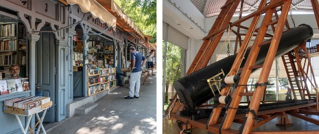 Po lewej: Uliczka znana jako «Cuesta de Moyano» w parku Retiro © JJFarq / Po prawej: Teleskop Herschela w Królewskim Obserwatorium Astronomicznym w Madrycie © Procy