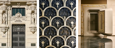 Left: One of the entrances of Galería Canalejas / Centre: Detail of door in Galería Canalejas / Right: Restored safe in Galería Canalejas in Madrid