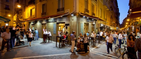 Detail of shops and bars on calle Estafeta in Pamplona, Navarre