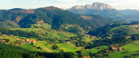 View of Aramaio and Mount Udalaitz in the background in Alava, Basque Country.