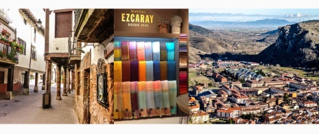 Od lewej do prawej: ulica w Ezcaray (La Rioja), stoisko z kocami Ezcaray i panoramiczny widok na miasteczko