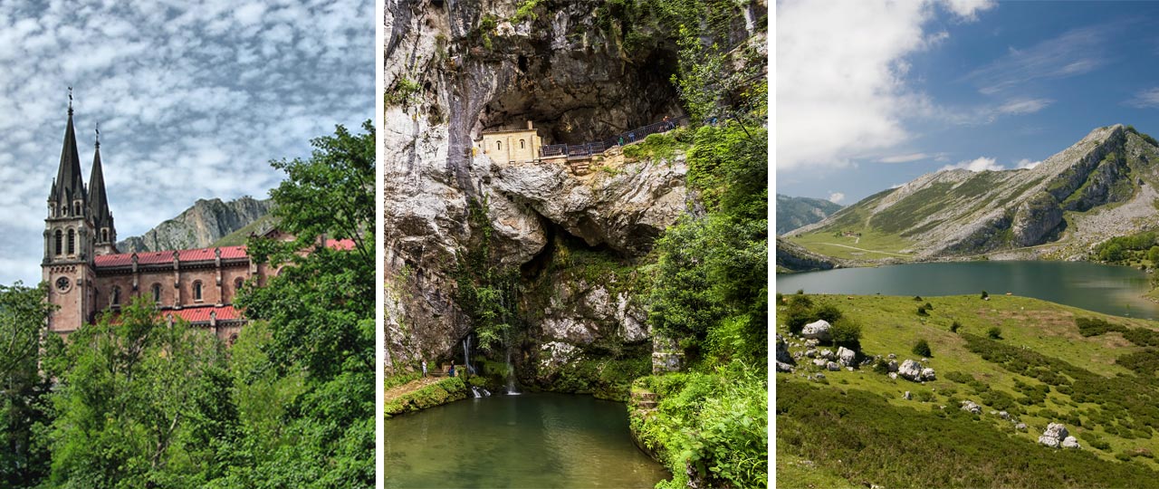 Collage di una basilica, una grotta santa e un lago glaciale