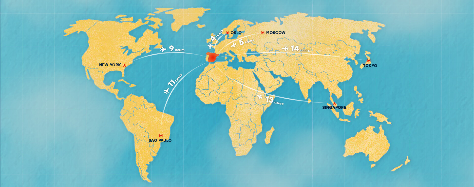 Map of the world with distances and flight times.