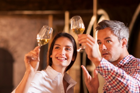 Touristes dégustant du vin dans une cave