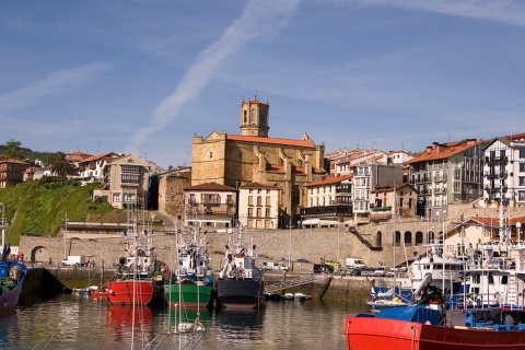 Panoramic view of the Port of Getaria (Gipuzkoa, the Basque Country) with the church of San Salvador in the background