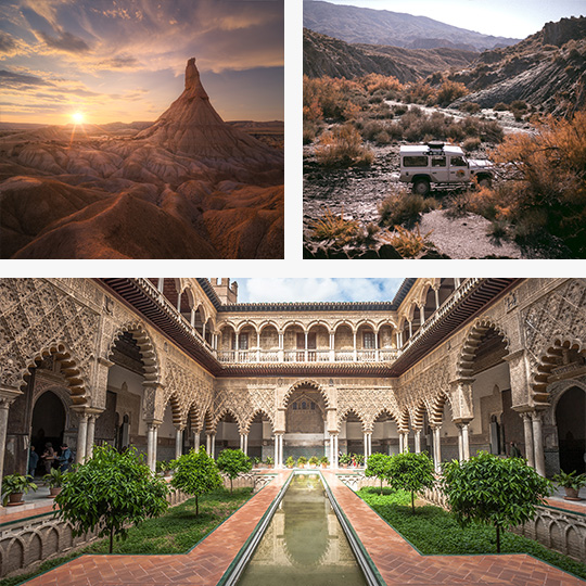 U góry z lewej: Pustynia Bardenas w Aragonii / U góry po prawej: Pustynia Tabernas w Andaluzji / Poniżej: Real Alcázar w Sewilli, Andaluzja