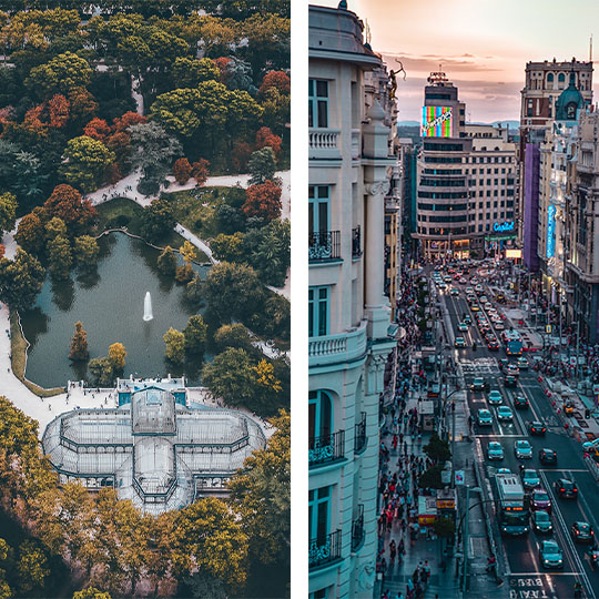 Po lewej: Park Retiro / Po prawej: Gran Vía w Madrycie