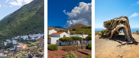 Izquierda: Vista de de Sabinosa / Centro: Iglesia Virgen de los Reyes / Derecha: Árbol de sabina en El Hierro, Islas Canarias