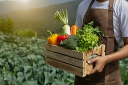 Producteur avec une caisse de produits biologiques