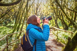 Turista en el Parque Nacional de Garajonay en la Gomera, Islas Canarias